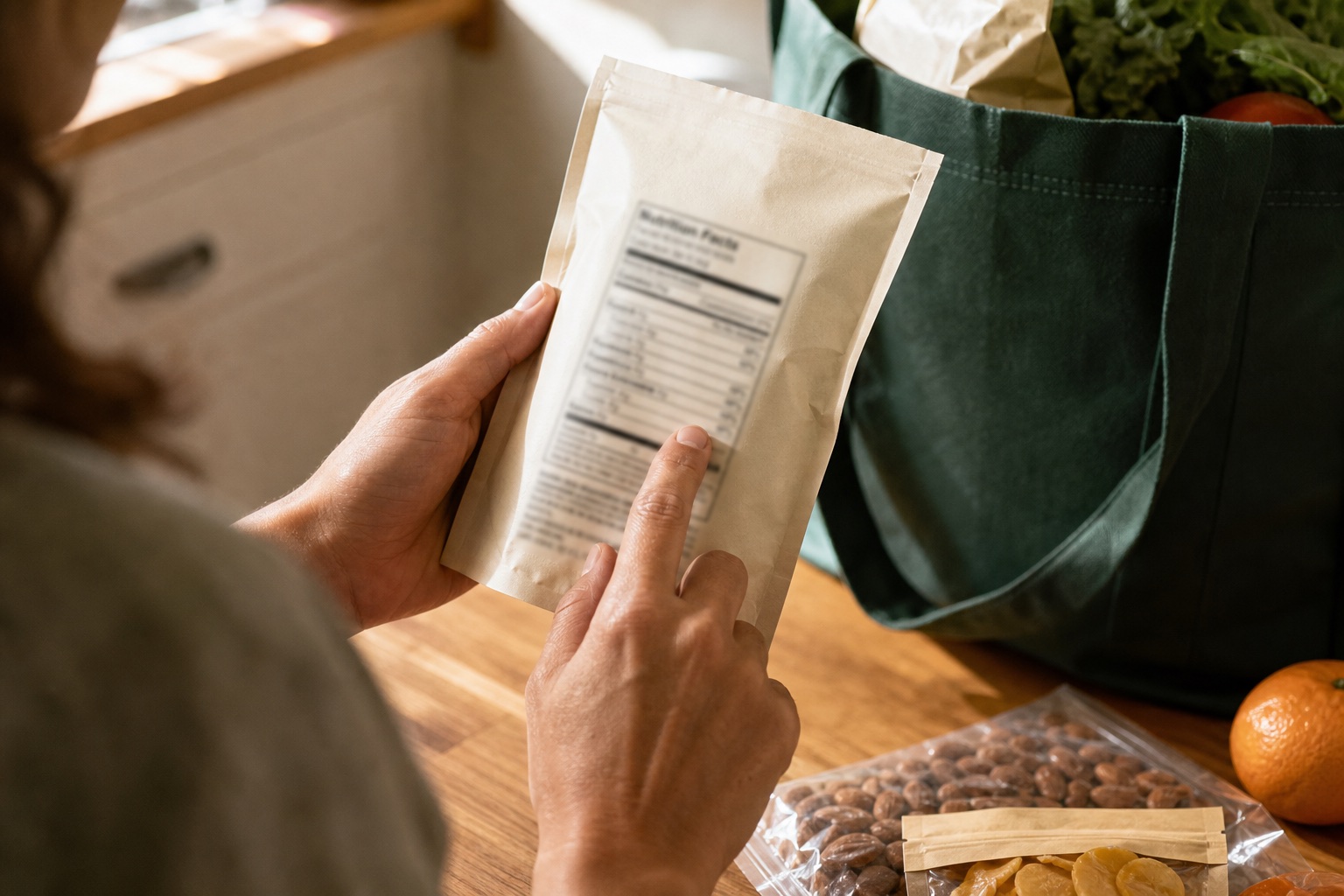 A shopper checking the nutrition label on a snack pouch